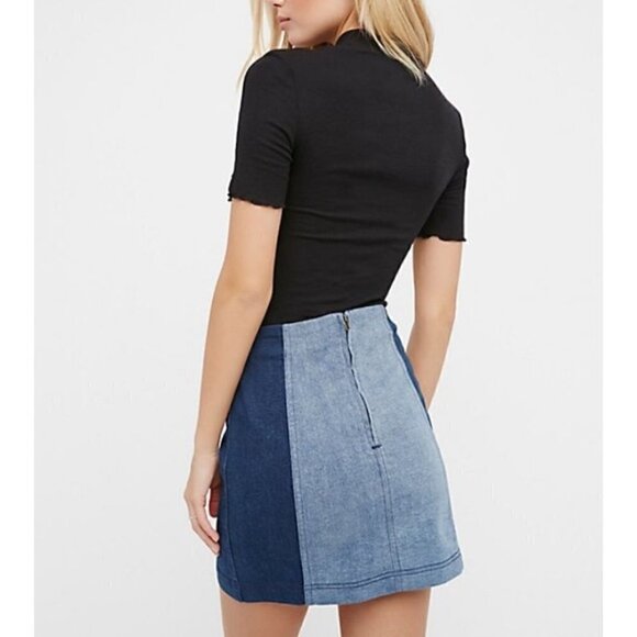 Free People Modern Femme Denim Mini Skirt Color Block Two-Tone A-Line Womens 8 - Picture 2 of 15